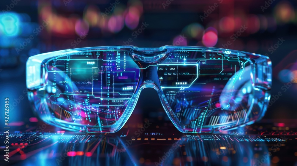 Poster a pair of clear glasses, futuristic in design, rests on a surface that appears to be circuit boards,