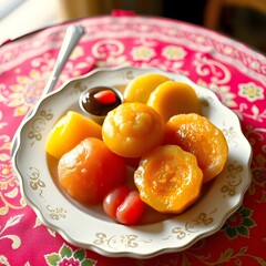 salad on a plate. plate with fruits. plate with sweets. Festival sweets. Traditional sweets in a plate. Indian sweets in a plate. Festive desserts in a plate.