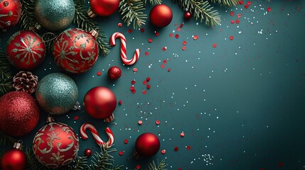 Fototapeta premium A flat lay of red and green Christmas baubles, confetti, and candy canes on a light green background makes a cheerful New Year greeting card design.