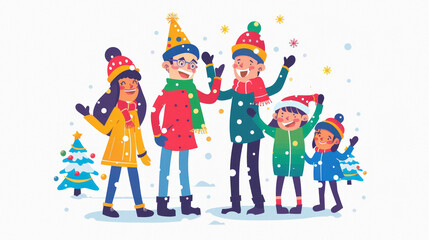 Fototapeta premium A group of people are posing for a picture in the snow. They are all wearing hats and scarves, and there is a Christmas tree