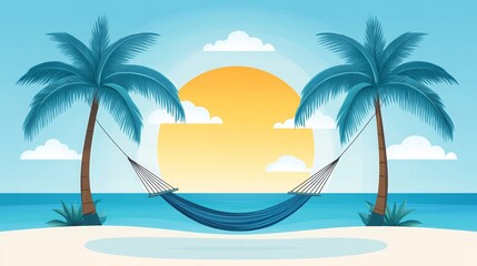 Obraz premium Serene tropical beach with hammock between palm trees at sunset. Idyllic seaside escape, perfect for relaxation and tranquility.