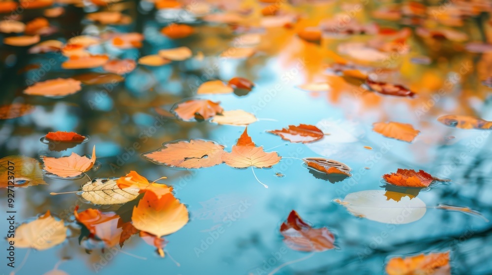 Aufkleber a close-up photo of a pond surface with numerous autumn leaves floating on the water. the water is a