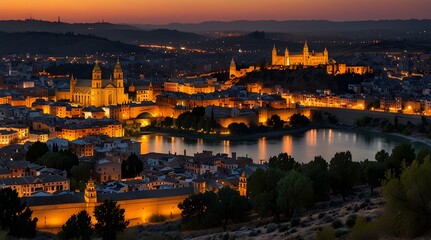 Obraz premium Panoramic view of Toledo Spain at sunset with blooming lights. generative.ai