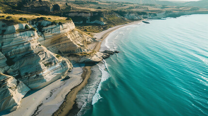 f a beach with cliffs and the ocean. There's a sandy beach with some rocks and the water is blue and looks like it's calm.