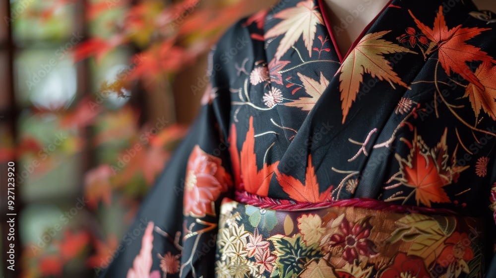Poster the image showcases the intricate detail of a black kimono with a vibrant design of red and yellow m