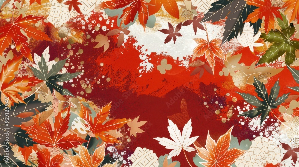 Poster this image features a vibrant and artistic depiction of autumnal foliage. the background is a bold, 