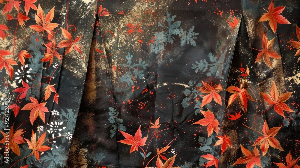 Poster a detailed view of a black fabric with a repeating pattern of red and green leaves. the fabric has a