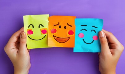 Three paper notes with different smiley faces. AI.