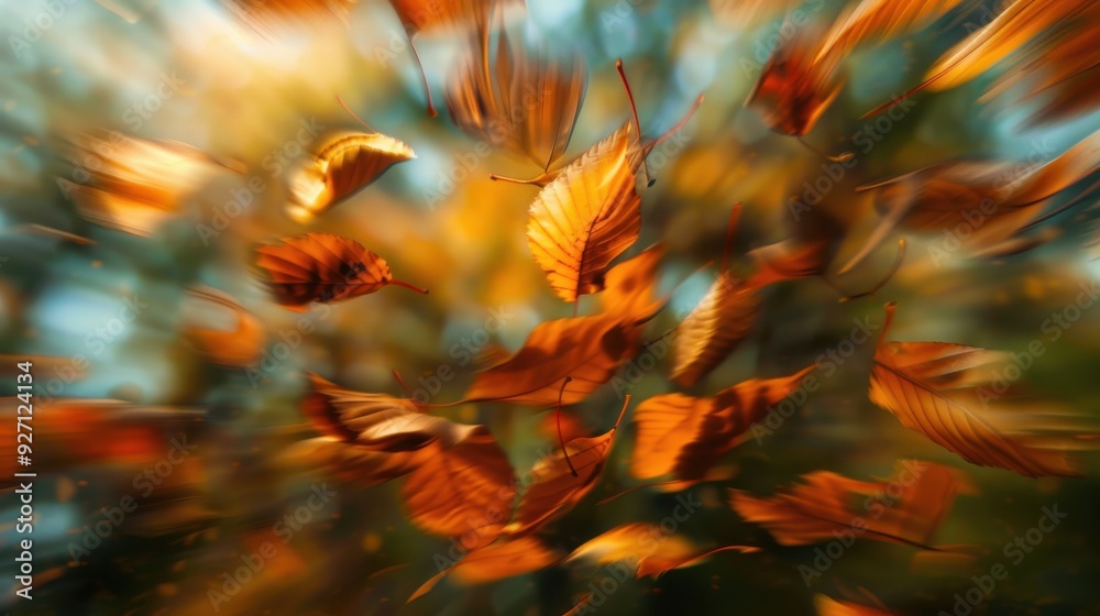 Poster A close-up view of a tree with orange and yellow leaves swirling and dancing in the breeze on a bright sunny day. The leaves are illuminated by the warm sunlight, creating a vibrant and colorful scene