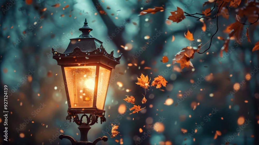 Poster a lit street lamp stands tall in the middle of a forest, casting a warm glow against the backdrop of