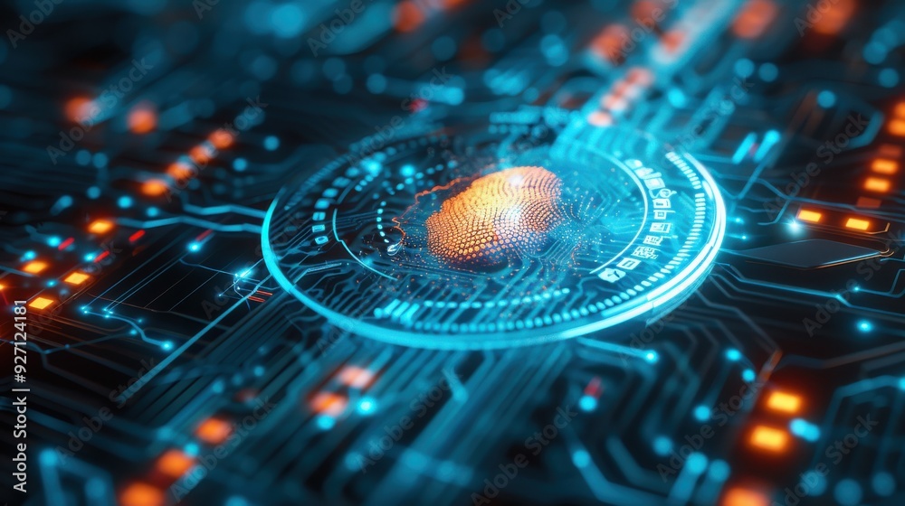 Poster a close-up of a digital fingerprint scanner on a futuristic, glowing circuit board. the scanner is g