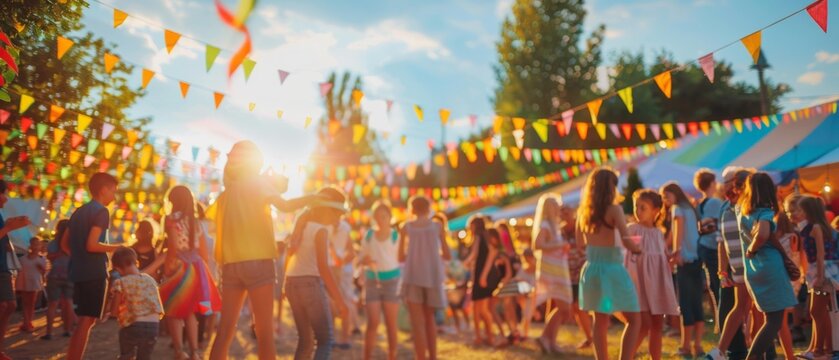 People are having fun at a street fair. AI.