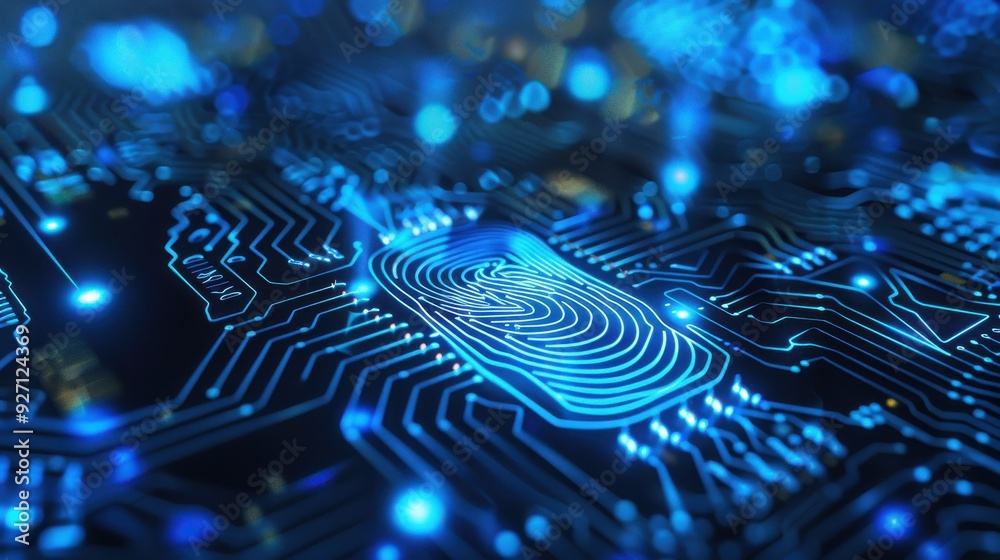Poster a close-up view of a circuit board with a blue fingerprint pattern embedded in the center. the patte