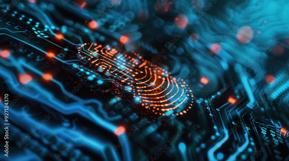 Aufkleber a close-up image of a digital fingerprint scan, glowing orange, on a dark blue circuit board. the ba
