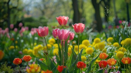 Obraz premium A vibrant and colorful garden scene, with pink tulips blooming in the foreground. Behind them are yellow flowers, with a blurred background of trees and greenery. Sunlight bathes the scene, adding to 