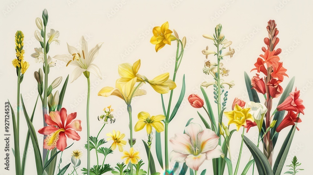Poster a botanical illustration depicting a diverse array of flowers in full bloom, including delicate whit