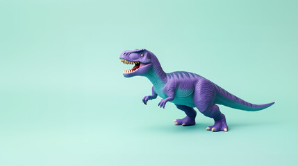 A purple dinosaur toy standing against a mint green background with copy space for custom text design
