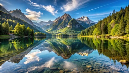 Fototapeta premium Beautiful mountain valley reflected on calm lake surface , scenic, landscape, nature, tranquil, serene, water, blue, sky