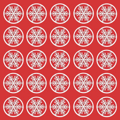 Christmas white snowflake pattern on red background. Festive tree decorations for Yule, Noel, Xmas holiday season. Seamless repeat decorative design. 