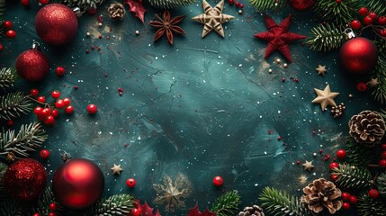 A vintage Christmas green vertical background features red decorations, stars, and baubles, perfect for a Christmas poster or New Year invitation card.