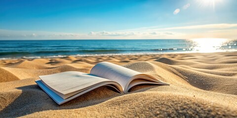Magazine mockup laying on sandy beach , mockup, magazine, beach, sand, template, design, blank, editorial