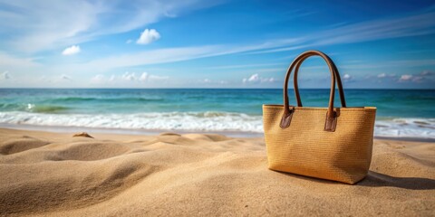 Mockup of shopper handbag on a sandy beach background, beach, sand, mockup, shopper, handbag, fashion, accessory, summer