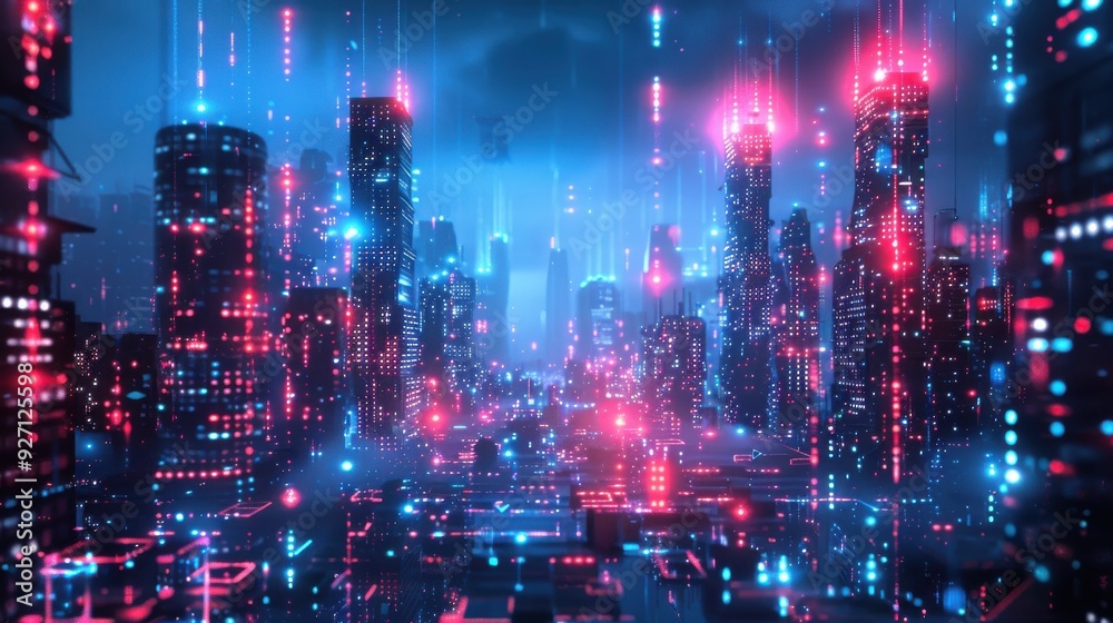 Aufkleber a digital illustration depicts a futuristic cityscape at night. the tall buildings are illuminated w