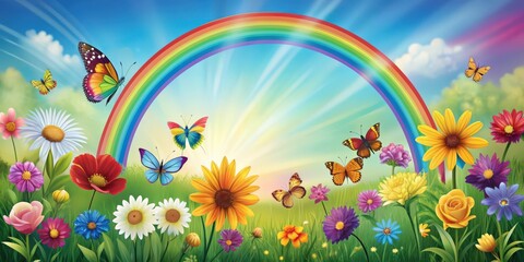 Garden drawing with rainbow, colorful flowers, and butterflies in autumn , garden, drawing, rainbow, beautiful, flowers