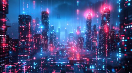 Obraz premium A digital illustration depicts a futuristic cityscape at night. The tall buildings are illuminated with rows of blue and red lights, creating a vibrant and captivating scene. The buildings are set aga
