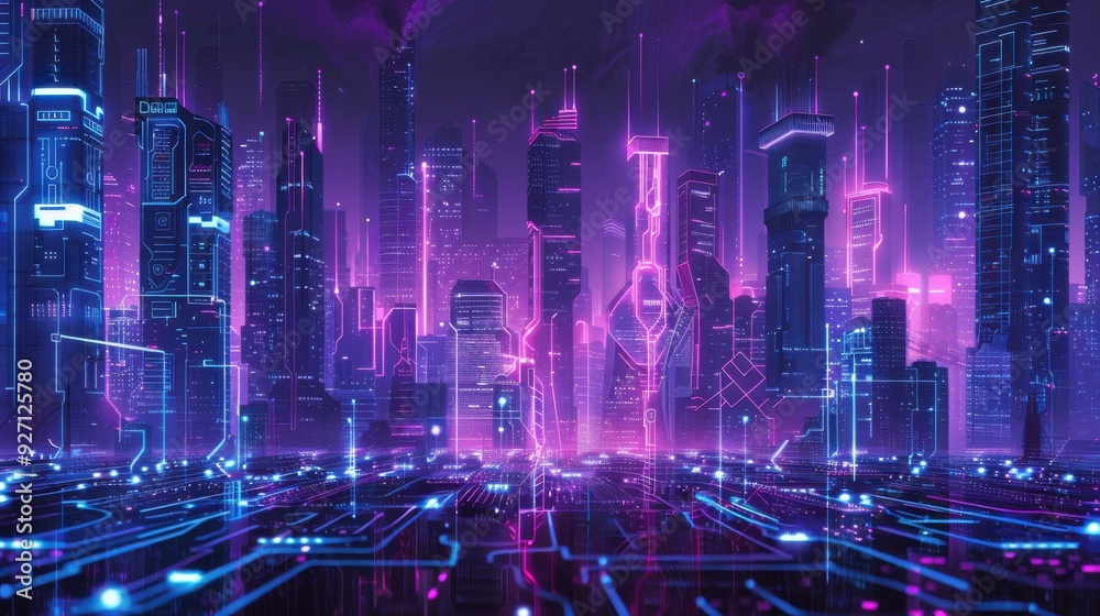Poster a vibrant cityscape at night, illuminated with neon lights, creating a futuristic aesthetic. the bui