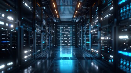 Fototapeta premium A long hallway lined with rows of servers in a modern data center, with bright lights illuminating the rows and creating reflections on the polished floor.