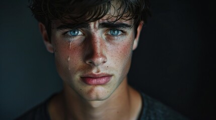 Obraz premium Young man showing sadness with a tear standing against a solid studio background