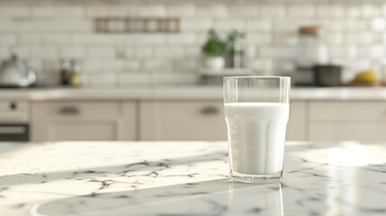 Fresh Organic Milk in Clear Glass on Elegant Marble Countertop with Modern Kitchen Interior Blurred Background - Healthy Drink Concept.