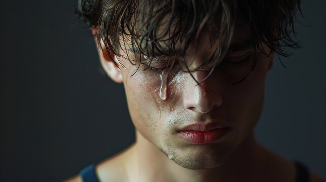 Young man showing sadness with a tear standing against a solid studio background