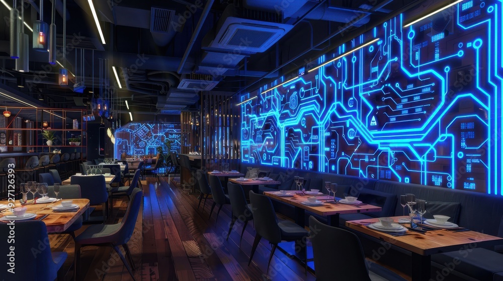 Leinwandbilder an empty modern restaurant with wooden tables and chairs sits illuminated by a blue light emanating 
