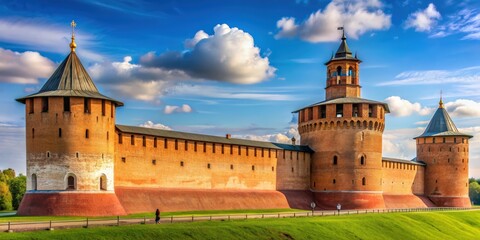 Fototapeta premium Medieval brick castle with towers and walls in Kolomna Kremlin, Moscow region, Russia, medieval, castle, brick