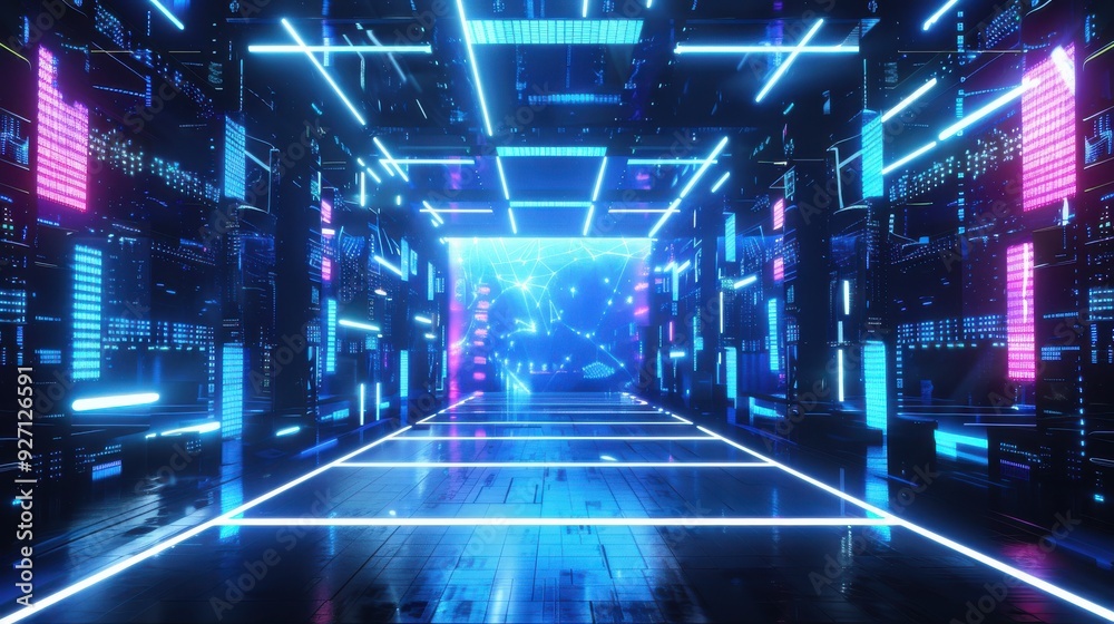 Aufkleber a digital rendering of a futuristic corridor with blue and pink neon lights. the walls are lined wit