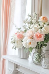 Obraz premium Pastel flower arrangement on a mantel in a softly lit room