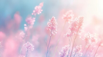 Obraz premium Pastel wildflowers blooming in a soft, dreamy background at sunset
