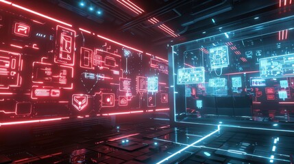 An empty futuristic security room with red and blue neon lights, digital displays, and a large translucent screen displaying data.