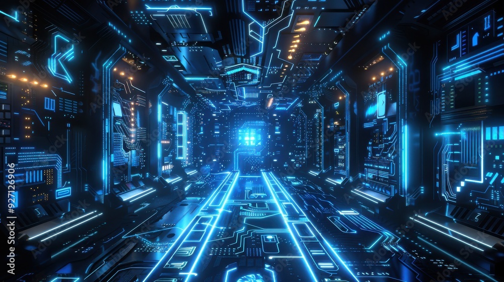 Leinwandbilder a digital corridor with glowing blue circuits and a bright light at the end. the corridor is made of