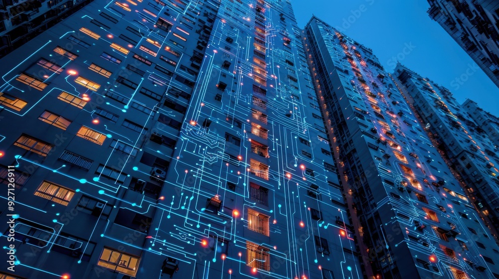 Aufkleber A tall residential building is shown at night, illuminated with glowing blue circuitry lines that resemble a network. The building has many windows, some of which are lit with warm light.