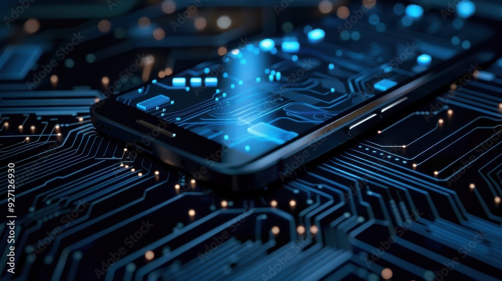 Poster a black smartphone lies on a circuit board with glowing blue lines, suggesting a connection between 