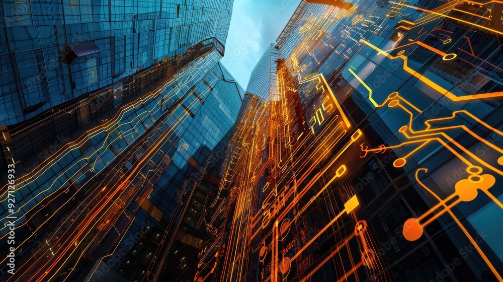 Poster the image showcases a modern cityscape with towering glass buildings, their surfaces reflecting an i