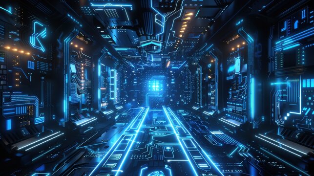 A digital corridor with glowing blue circuits and a bright light at the end. The corridor is made of futuristic technology and appears to be a virtual space.