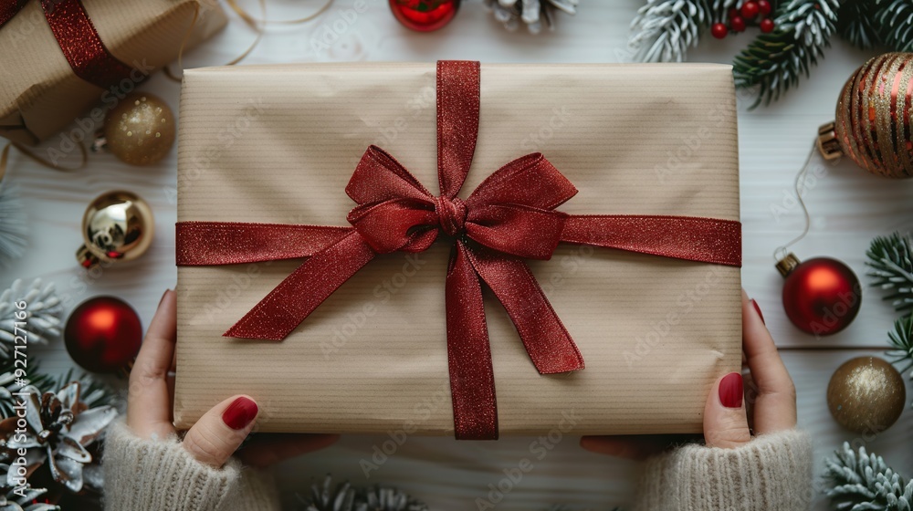 Wall mural Female hands hold a craft paper gift box with a ribbon bow over a white wooden plank desk adorned with Christmas ornaments.