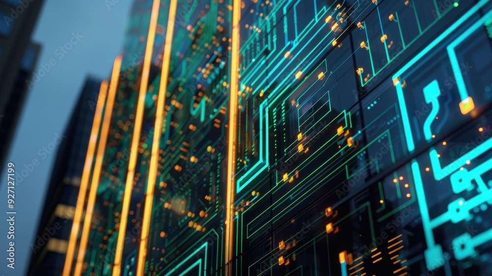Poster A close-up shot of a building's exterior that is designed to resemble a digital circuit board, with glowing green and orange lines running vertically and horizontally. The building is illuminated at n