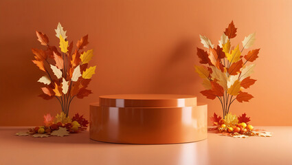 Minimalist 3D scene with vibrant orange background, circular orange podium, clusters of orange and yellow leaves, clean modern design, soft diffused lighting, generative ai