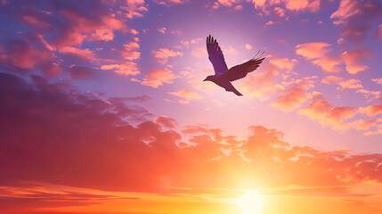 a picture of a bird flying against a sunset.