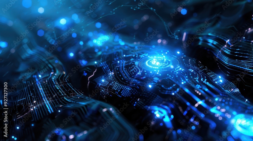 Poster An abstract digital circuit board is rendered with glowing blue lights in a dark background. The circuit board appears to be a 3D rendering and has an organic texture, flowing in waves. The blue light
